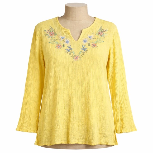 Denim&Co Tops - 100% Cotton Butter Yellow Gauze Floral Embroidered Long Sleeve XL P Cottagecore